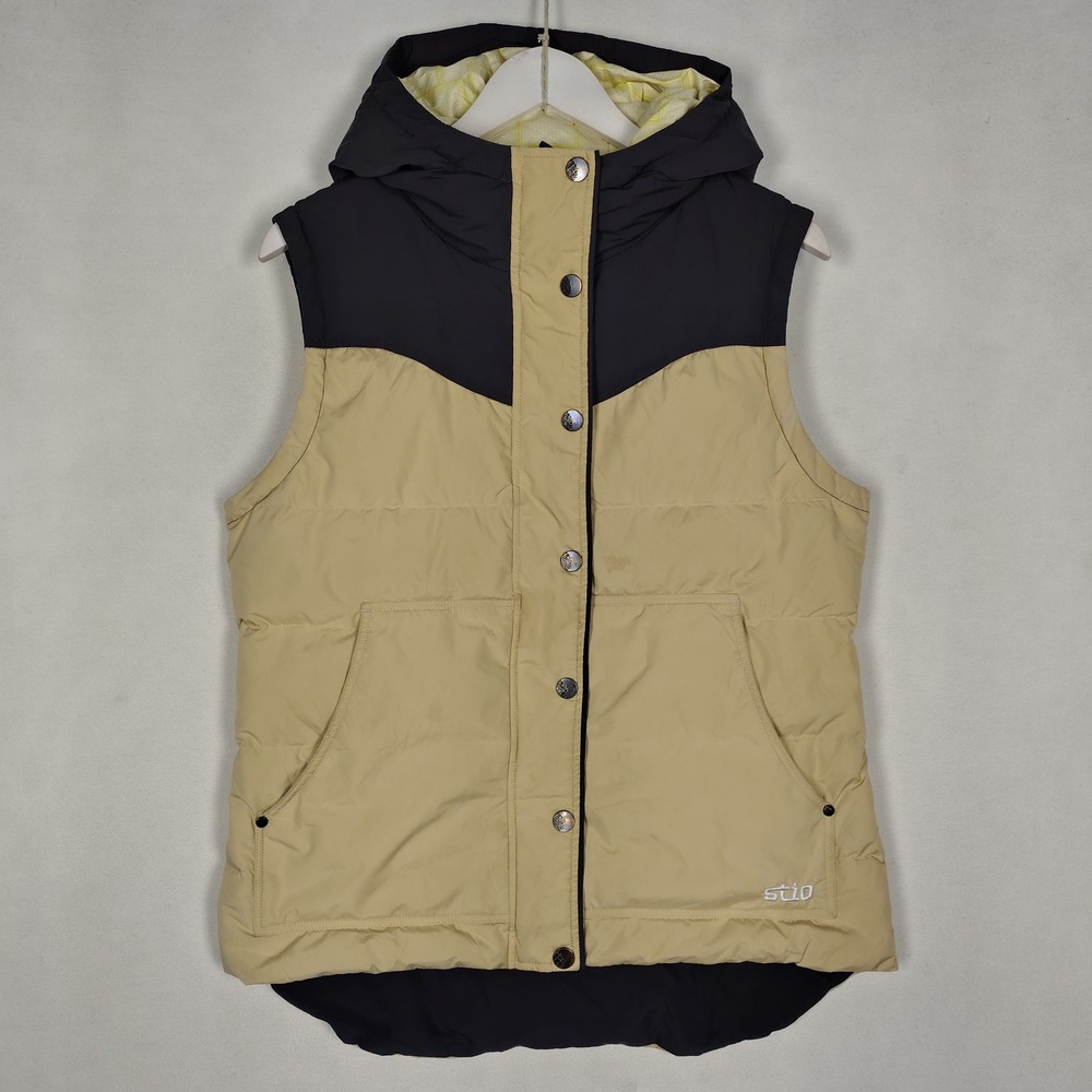 Stio Hooded Colorblock Quilted Puffer Vest Tan Navy Goose Down Large